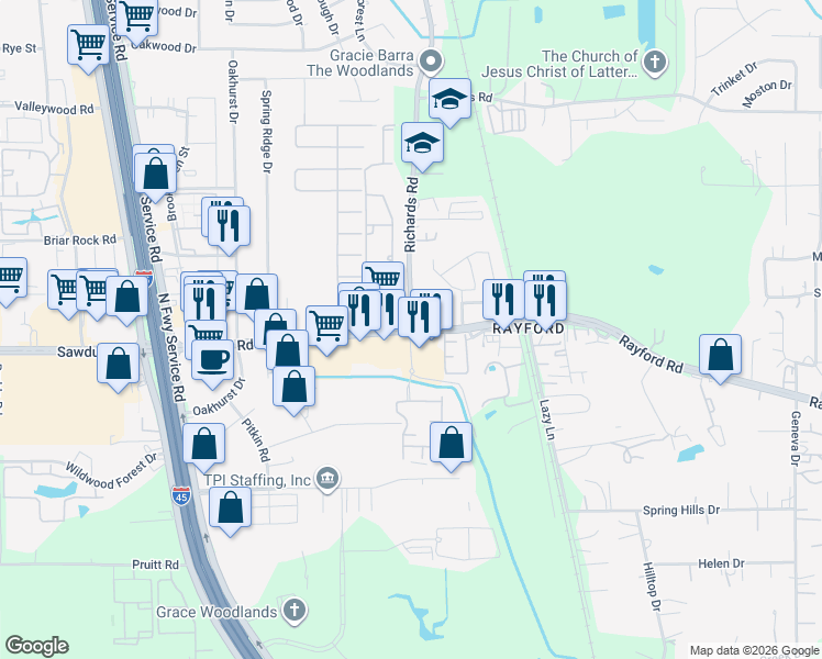 map of restaurants, bars, coffee shops, grocery stores, and more near 24111 Richard Road in Spring