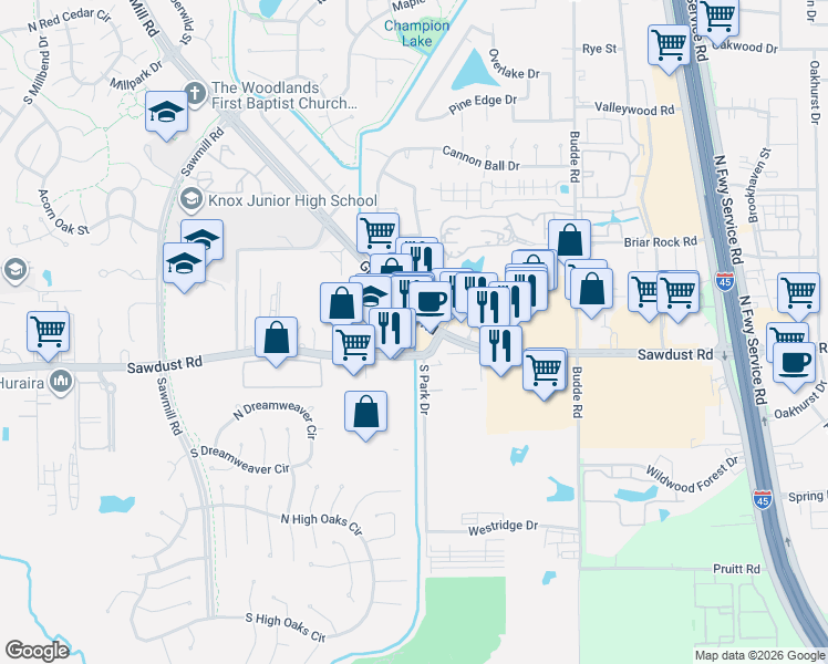 map of restaurants, bars, coffee shops, grocery stores, and more near 25119 Grogans Mill Road in Spring