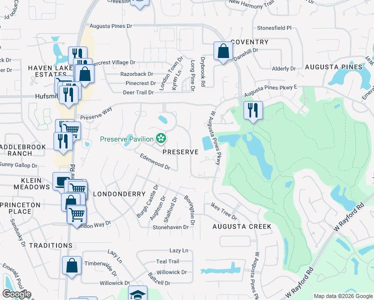 map of restaurants, bars, coffee shops, grocery stores, and more near 7935 Wooded Way Drive in Spring