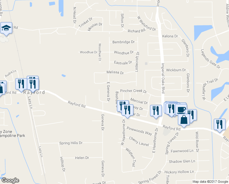 map of restaurants, bars, coffee shops, grocery stores, and more near 30119 Bashaw Drive in Spring