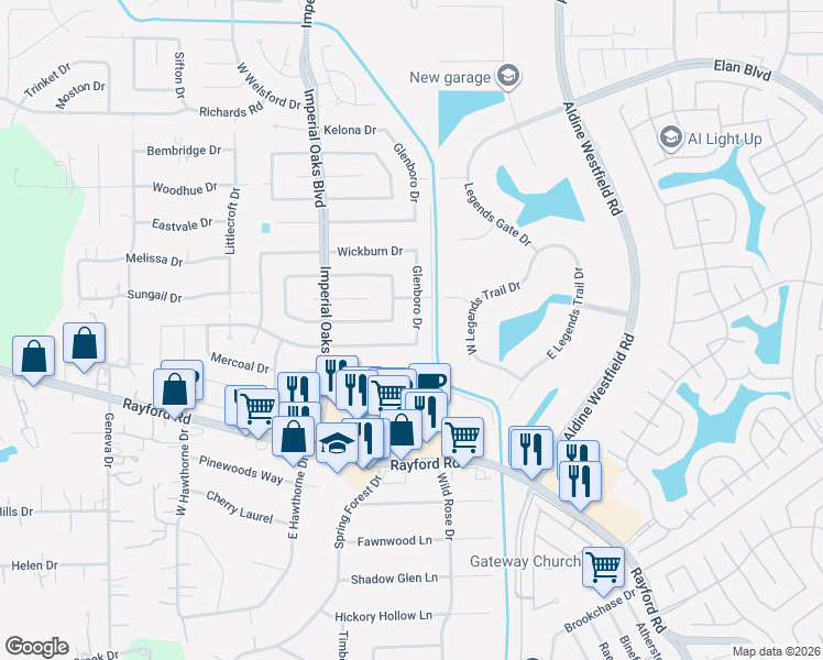 map of restaurants, bars, coffee shops, grocery stores, and more near 30215 Glenboro Drive in Spring