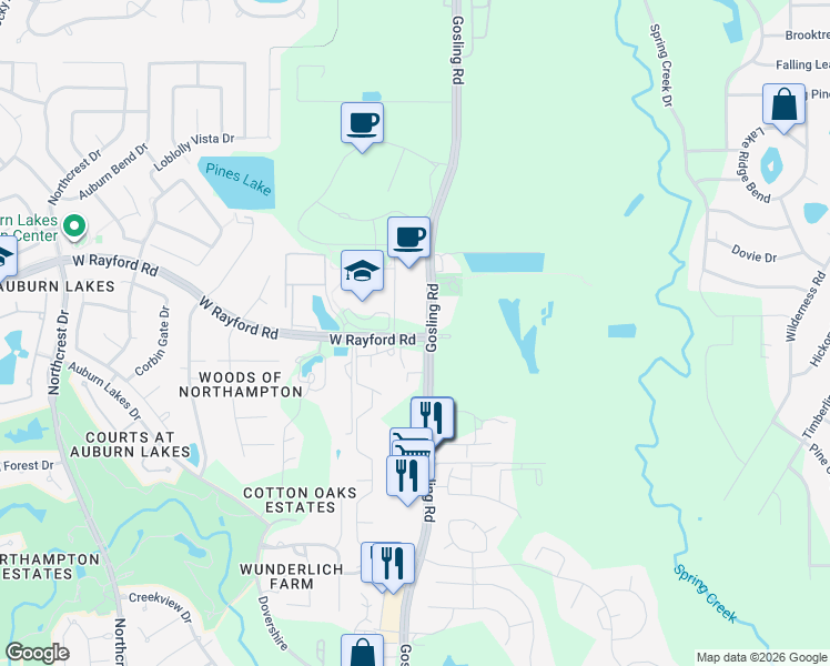 map of restaurants, bars, coffee shops, grocery stores, and more near 5755 West Rayford Road in Spring