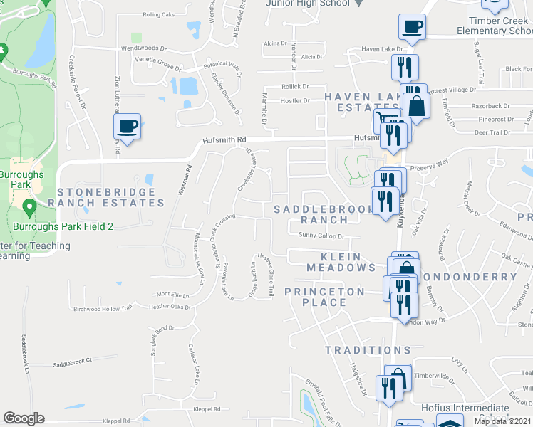 map of restaurants, bars, coffee shops, grocery stores, and more near 8830 Stonebriar Creek Crossing in Tomball