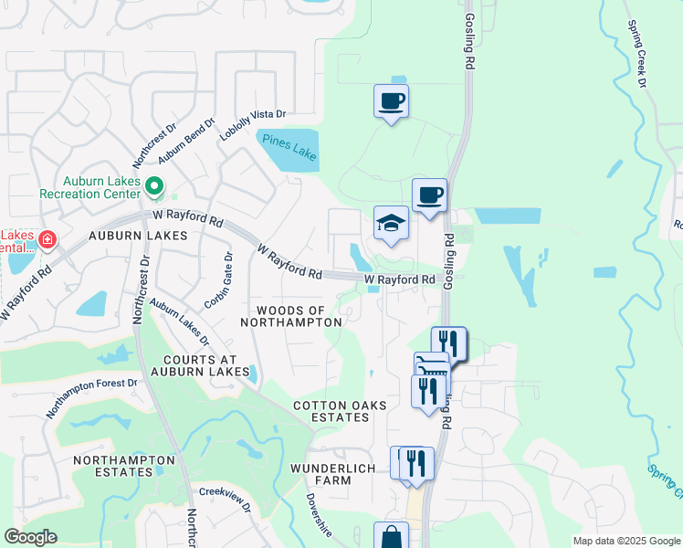 map of restaurants, bars, coffee shops, grocery stores, and more near 6010 West Rayford Road in Spring