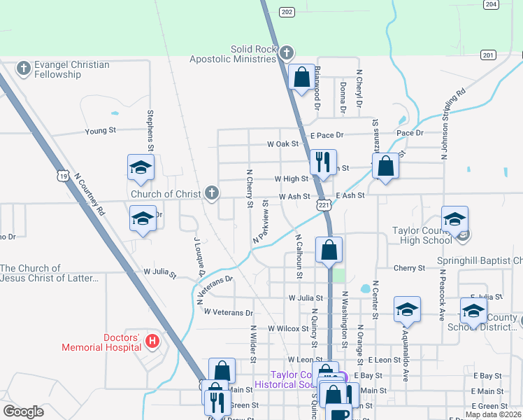 map of restaurants, bars, coffee shops, grocery stores, and more near 1219 North Parkview Street in Perry