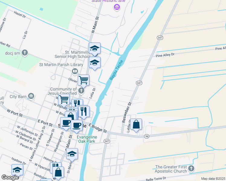 map of restaurants, bars, coffee shops, grocery stores, and more near 422 North Pinaud Street in Saint Martinville