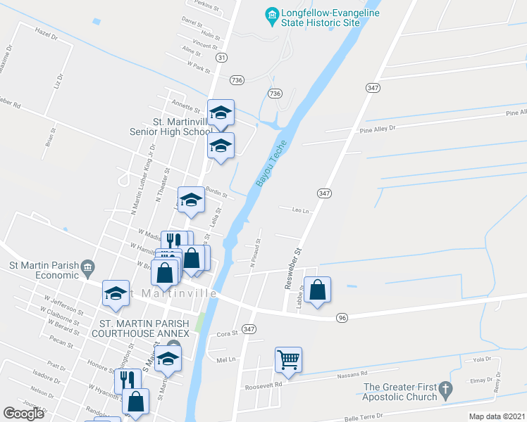 map of restaurants, bars, coffee shops, grocery stores, and more near 422 N Pinaud St in St Martinville