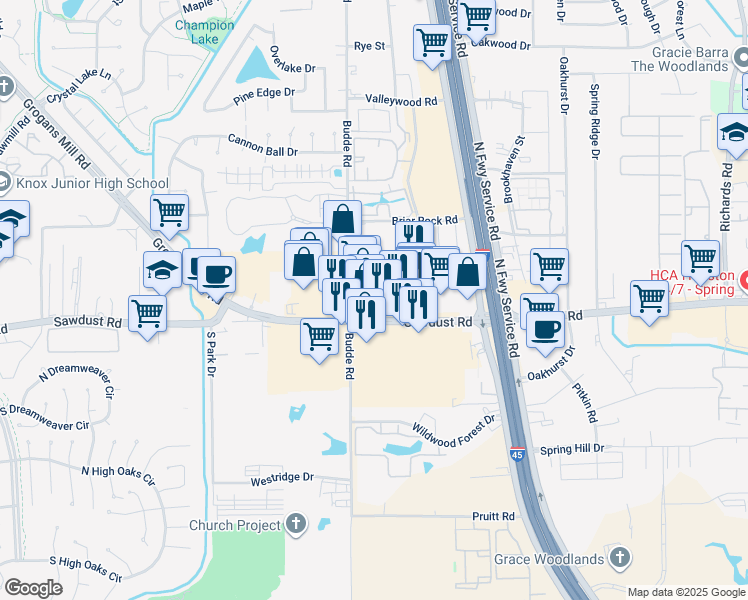 map of restaurants, bars, coffee shops, grocery stores, and more near 318 Sawdust Road in Spring