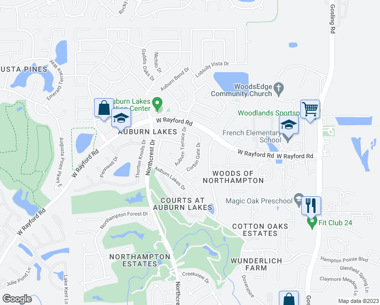 map of restaurants, bars, coffee shops, grocery stores, and more near 6306 Auburn Terrace Court in Spring