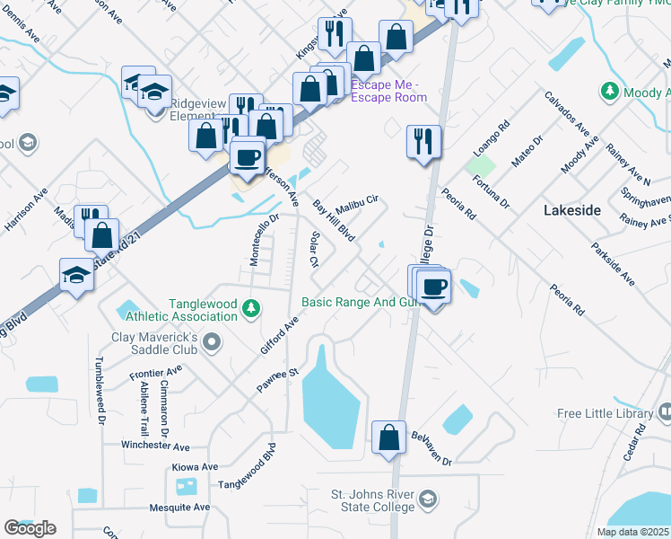 map of restaurants, bars, coffee shops, grocery stores, and more near 2648B Sunrise Village Drive in Orange Park