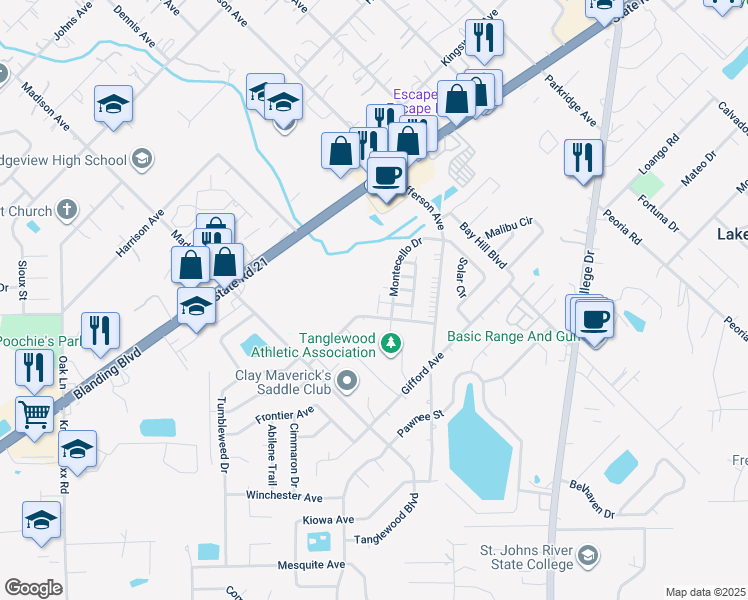 map of restaurants, bars, coffee shops, grocery stores, and more near 1249B Bordeaux Place in Orange Park