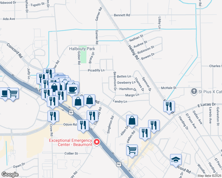 map of restaurants, bars, coffee shops, grocery stores, and more near 5570 Shivers Drive in Beaumont