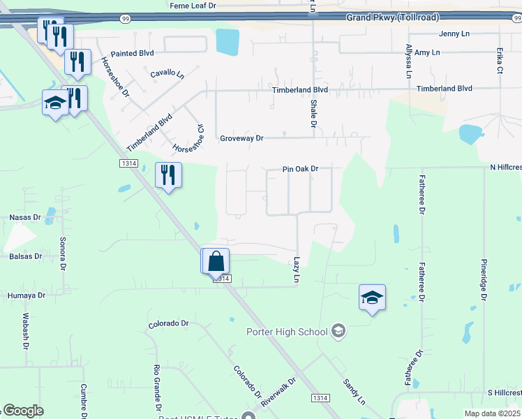 map of restaurants, bars, coffee shops, grocery stores, and more near 22110 Sandalwood Street in Porter