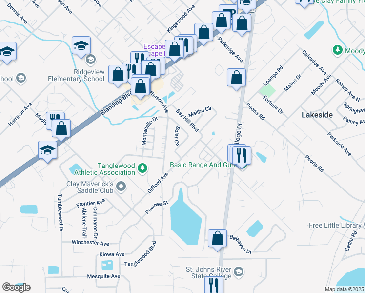 map of restaurants, bars, coffee shops, grocery stores, and more near 2648 Sunrise Village Drive in Orange Park