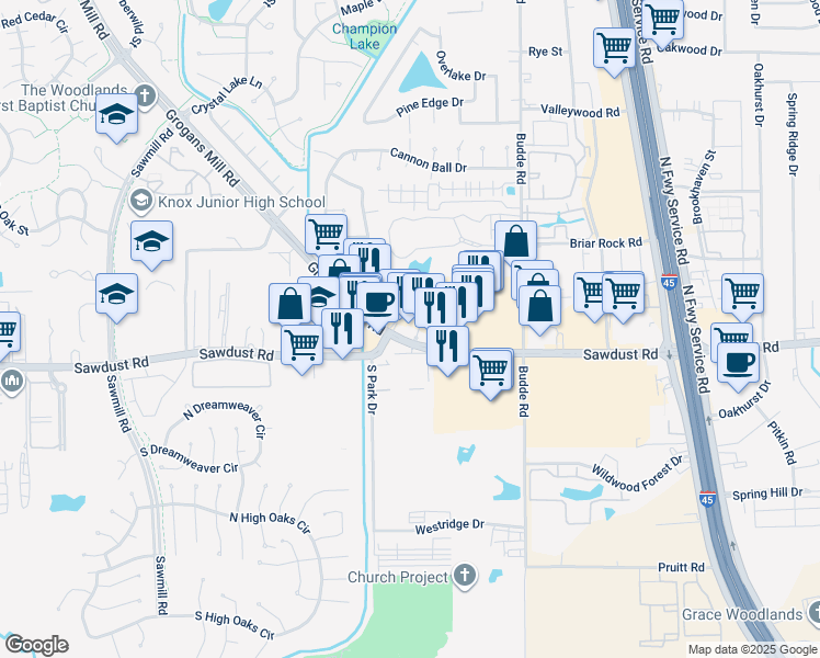 map of restaurants, bars, coffee shops, grocery stores, and more near 740 Sawdust Road in Spring