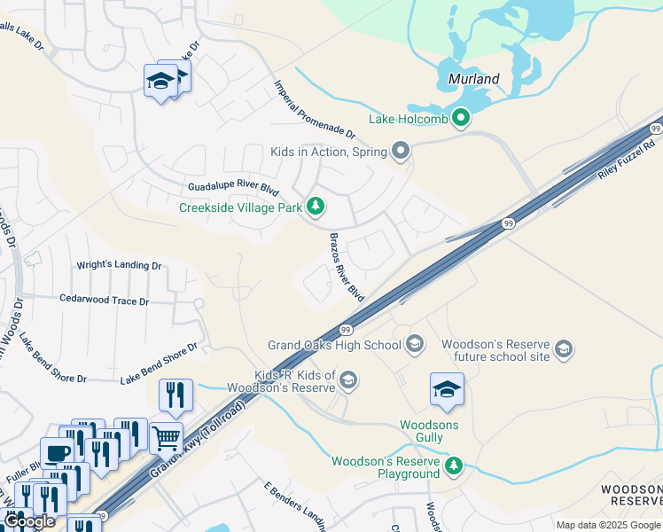 map of restaurants, bars, coffee shops, grocery stores, and more near 28814 San Bernard River Loop in Spring