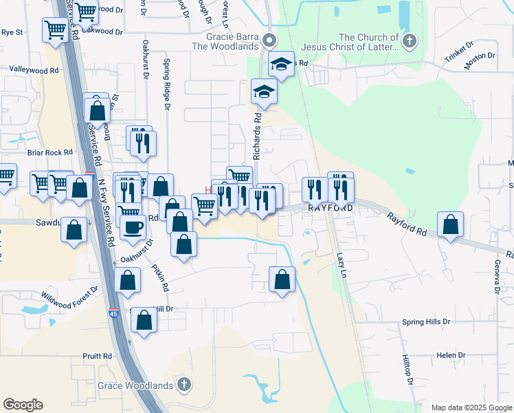 map of restaurants, bars, coffee shops, grocery stores, and more near 24100 Richard Road in Spring