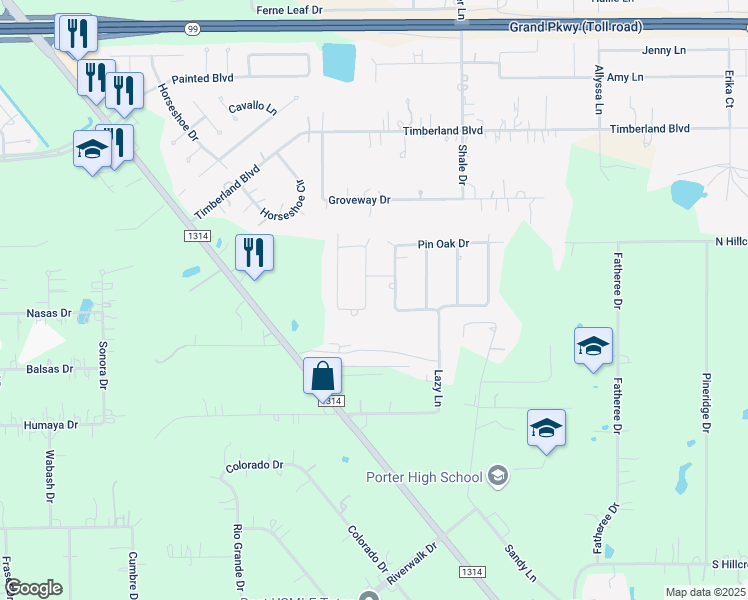 map of restaurants, bars, coffee shops, grocery stores, and more near 22110 Sandalwood Street in Porter