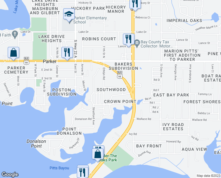 map of restaurants, bars, coffee shops, grocery stores, and more near 5210 Collins Drive in Panama City