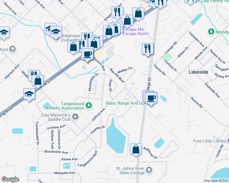 map of restaurants, bars, coffee shops, grocery stores, and more near 2648 Sunrise Village Drive in Orange Park