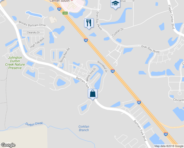 map of restaurants, bars, coffee shops, grocery stores, and more near 6893 Woody Vine Drive in Jacksonville