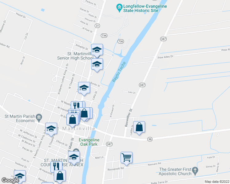 map of restaurants, bars, coffee shops, grocery stores, and more near 422 North Pinaud Street in Saint Martinville