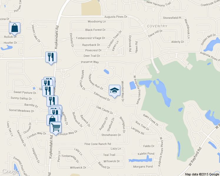 map of restaurants, bars, coffee shops, grocery stores, and more near 8106 Hideaway Run Way in Spring