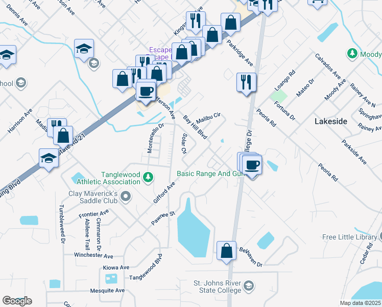 map of restaurants, bars, coffee shops, grocery stores, and more near 2648B Sunrise Village Drive in Orange Park