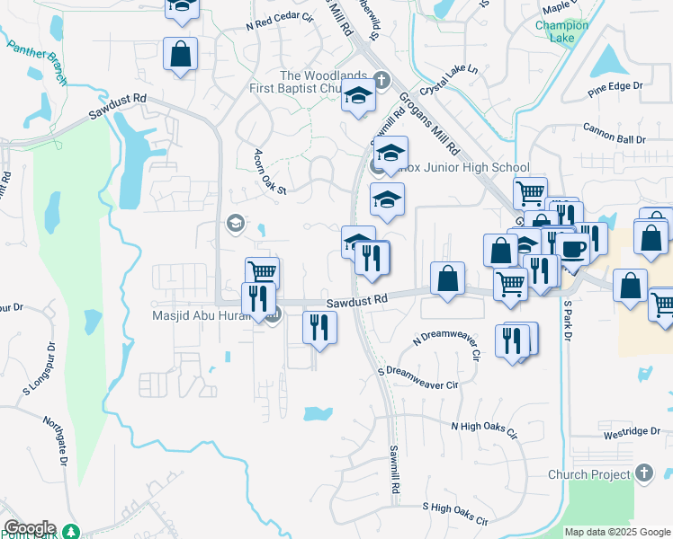 map of restaurants, bars, coffee shops, grocery stores, and more near 71 Scarlet Woods Court in The Woodlands