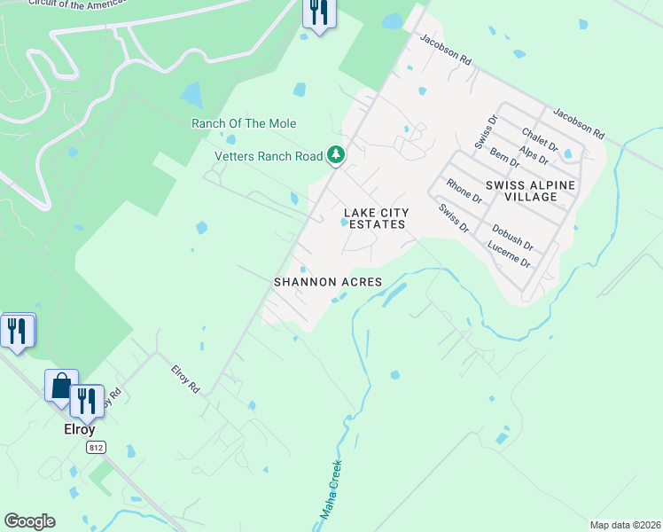 map of restaurants, bars, coffee shops, grocery stores, and more near 8707 Elroy Road in Del Valle