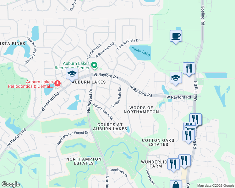 map of restaurants, bars, coffee shops, grocery stores, and more near 6306 Auburn Terrace Court in Spring