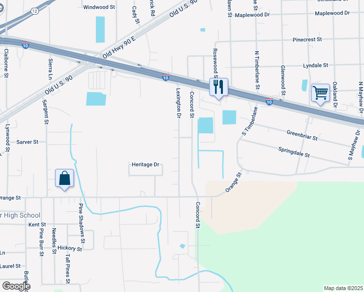 map of restaurants, bars, coffee shops, grocery stores, and more near 425 Lexington Drive in Vidor
