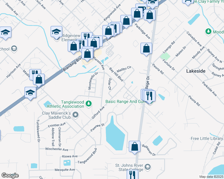 map of restaurants, bars, coffee shops, grocery stores, and more near 2648B Sunrise Village Drive in Orange Park
