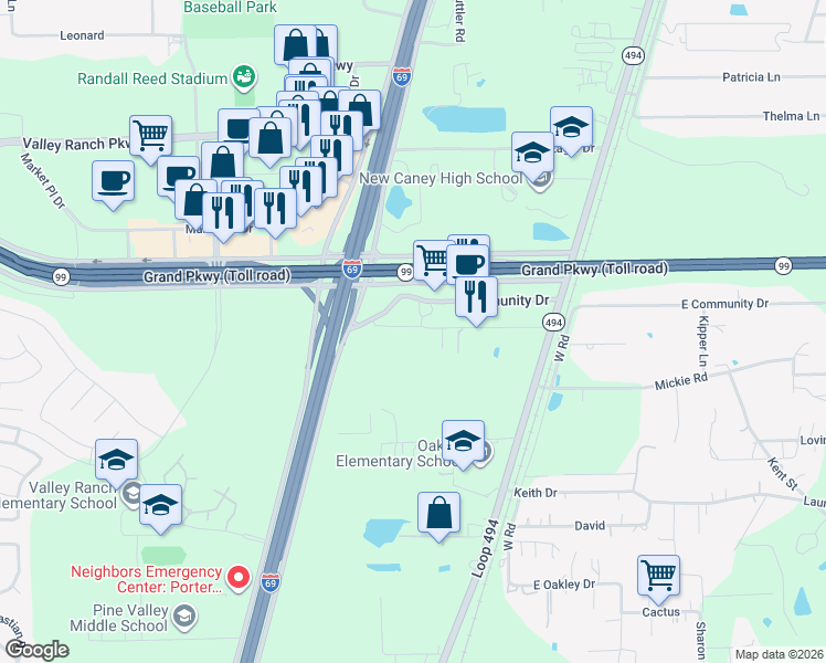 map of restaurants, bars, coffee shops, grocery stores, and more near 22333-22503 Oakley Road in New Caney
