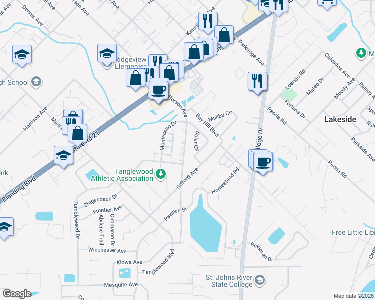 map of restaurants, bars, coffee shops, grocery stores, and more near 1337 Jefferson Avenue in Orange Park