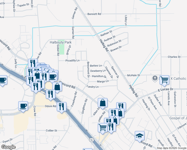 map of restaurants, bars, coffee shops, grocery stores, and more near 5440 Hamilton Drive in Beaumont