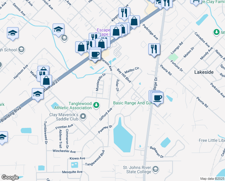 map of restaurants, bars, coffee shops, grocery stores, and more near 1343 Jefferson Avenue in Orange Park