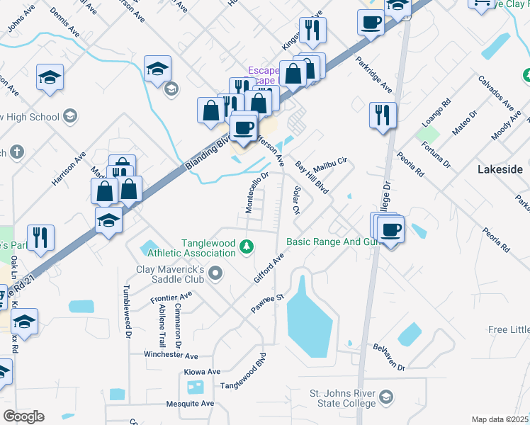 map of restaurants, bars, coffee shops, grocery stores, and more near 1337 Gettysburg Drive in Orange Park