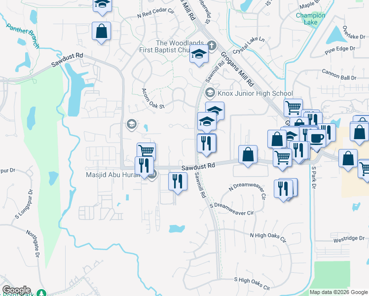 map of restaurants, bars, coffee shops, grocery stores, and more near 86 Scarlet Woods Court in Spring