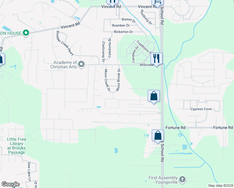 map of restaurants, bars, coffee shops, grocery stores, and more near 309 Moss Brook Drive in Lafayette