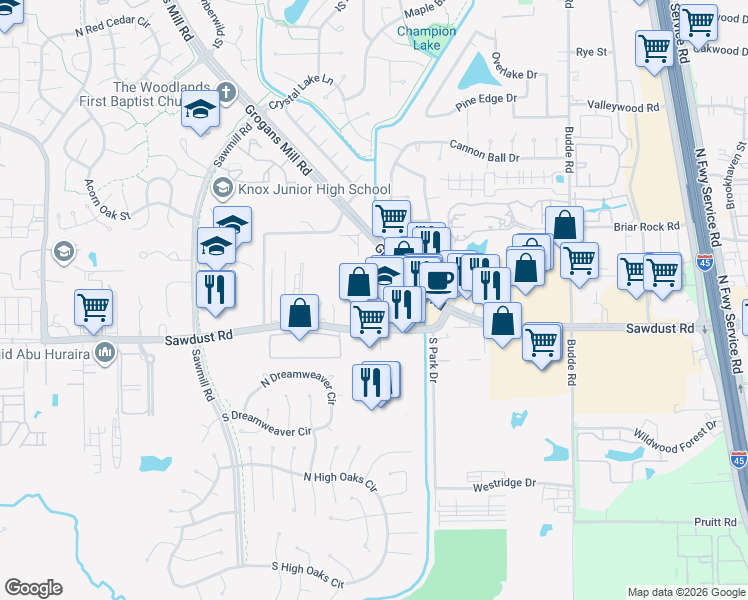 map of restaurants, bars, coffee shops, grocery stores, and more near 1018 Sawdust Road in The Woodlands