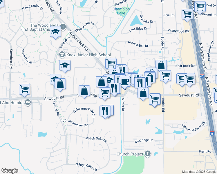 map of restaurants, bars, coffee shops, grocery stores, and more near 25214 Grogans Park Drive in The Woodlands