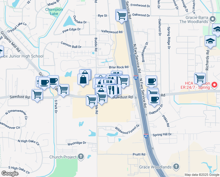 map of restaurants, bars, coffee shops, grocery stores, and more near 318 Sawdust Road in Spring