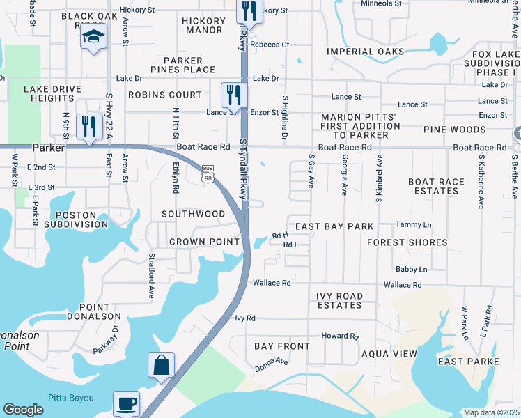 map of restaurants, bars, coffee shops, grocery stores, and more near 1117 South Tyndall Parkway in Panama City