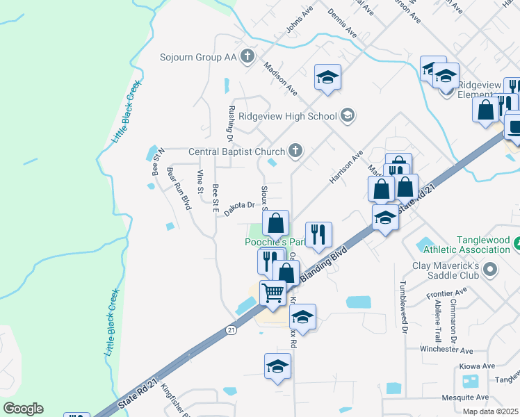 map of restaurants, bars, coffee shops, grocery stores, and more near 1346 Sioux Street in Orange Park