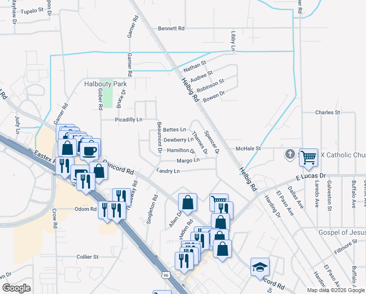 map of restaurants, bars, coffee shops, grocery stores, and more near 5335 Hamilton Drive in Beaumont
