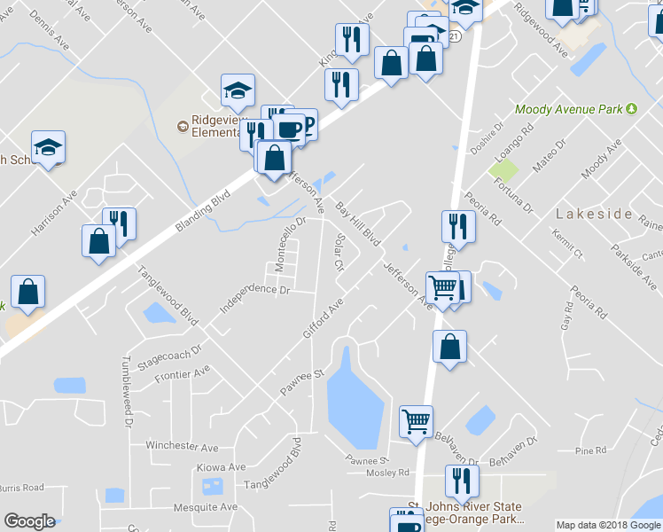 map of restaurants, bars, coffee shops, grocery stores, and more near 1330 Solar Circle in Orange Park
