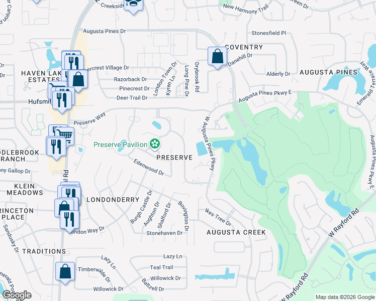 map of restaurants, bars, coffee shops, grocery stores, and more near 7935 Wooded Way Drive in Spring