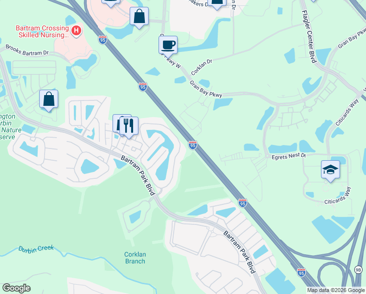 map of restaurants, bars, coffee shops, grocery stores, and more near 6947 Roundleaf Drive in Jacksonville