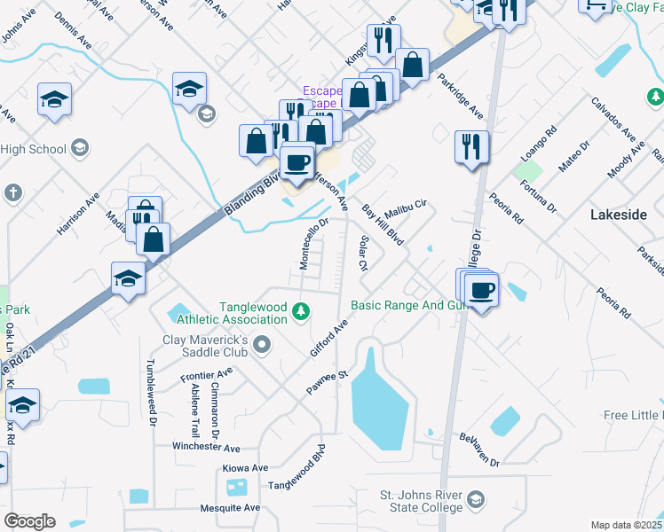 map of restaurants, bars, coffee shops, grocery stores, and more near 1343 Jefferson Avenue in Orange Park
